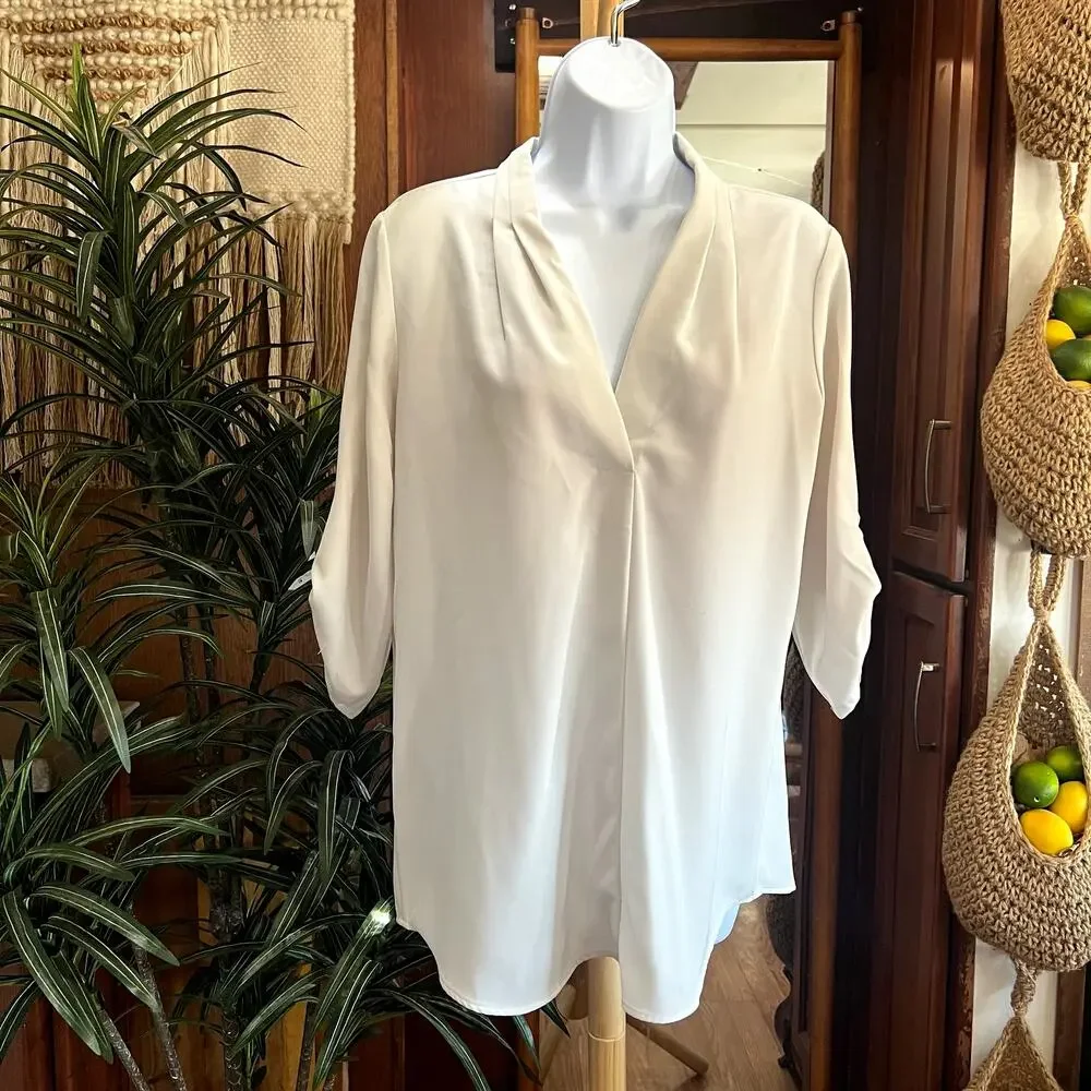 Ivory V-Neck Stretch Work Blouse M | Roll Tab Sleeve Office Top Calvin Klein - Picture 1 of 8